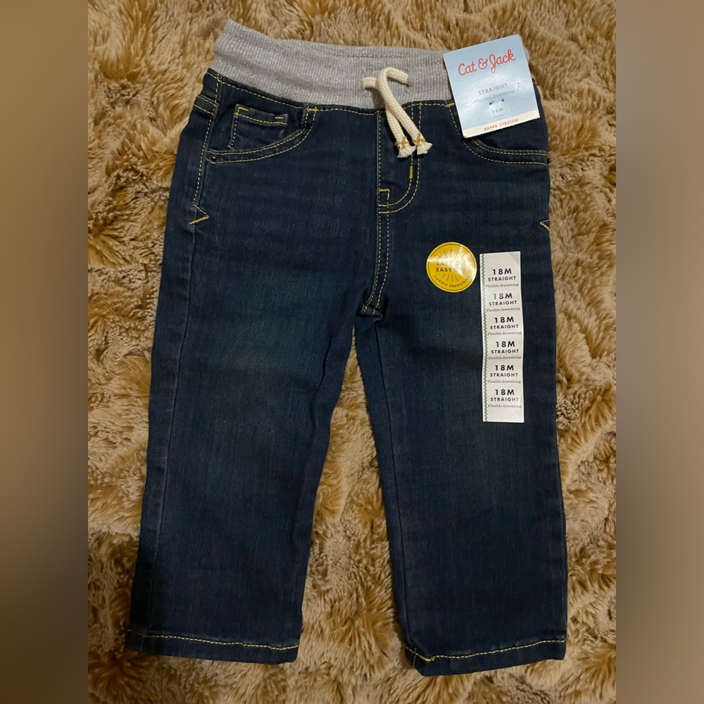 NWT Cat and Jack blue straight leg super stretch jeans with flexible drawstring